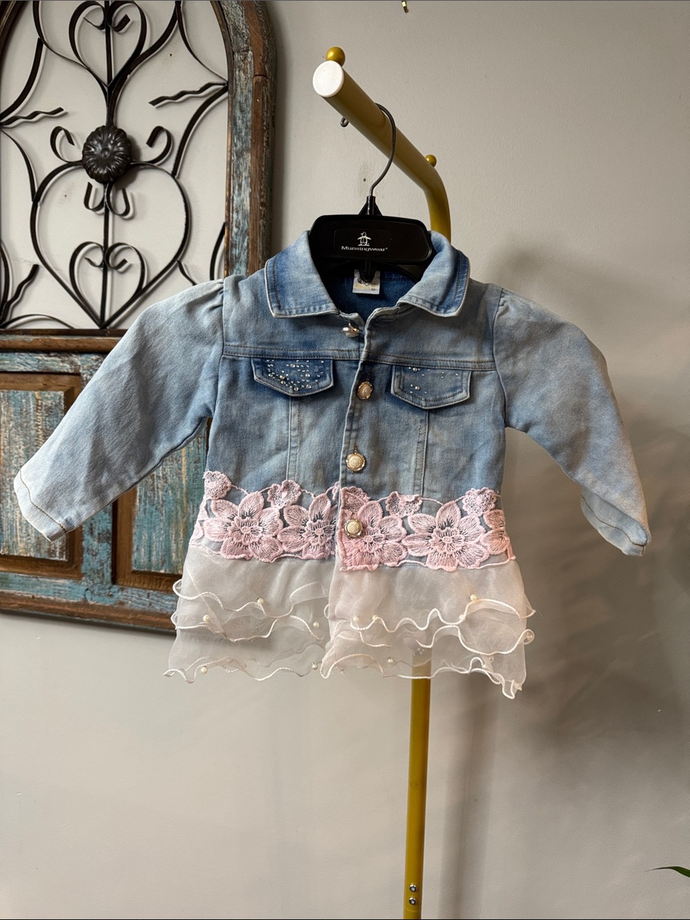 Girls Light Blue Denim Jacket with Pink Lace & white Ruffle Hem and pearls